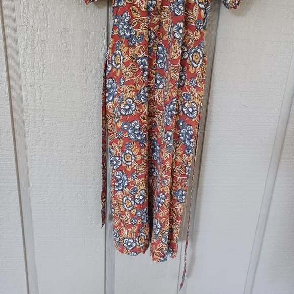 Faherty Carmel Print Linen Blend Midi Dress Size XS Tie Waist Floral Boho Pocket - Picture 4 of 15